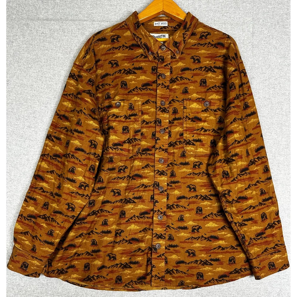 Duluth Trading Shirt Mens 2XLT Tall Brown Bear Mountain Print Twill Button Down